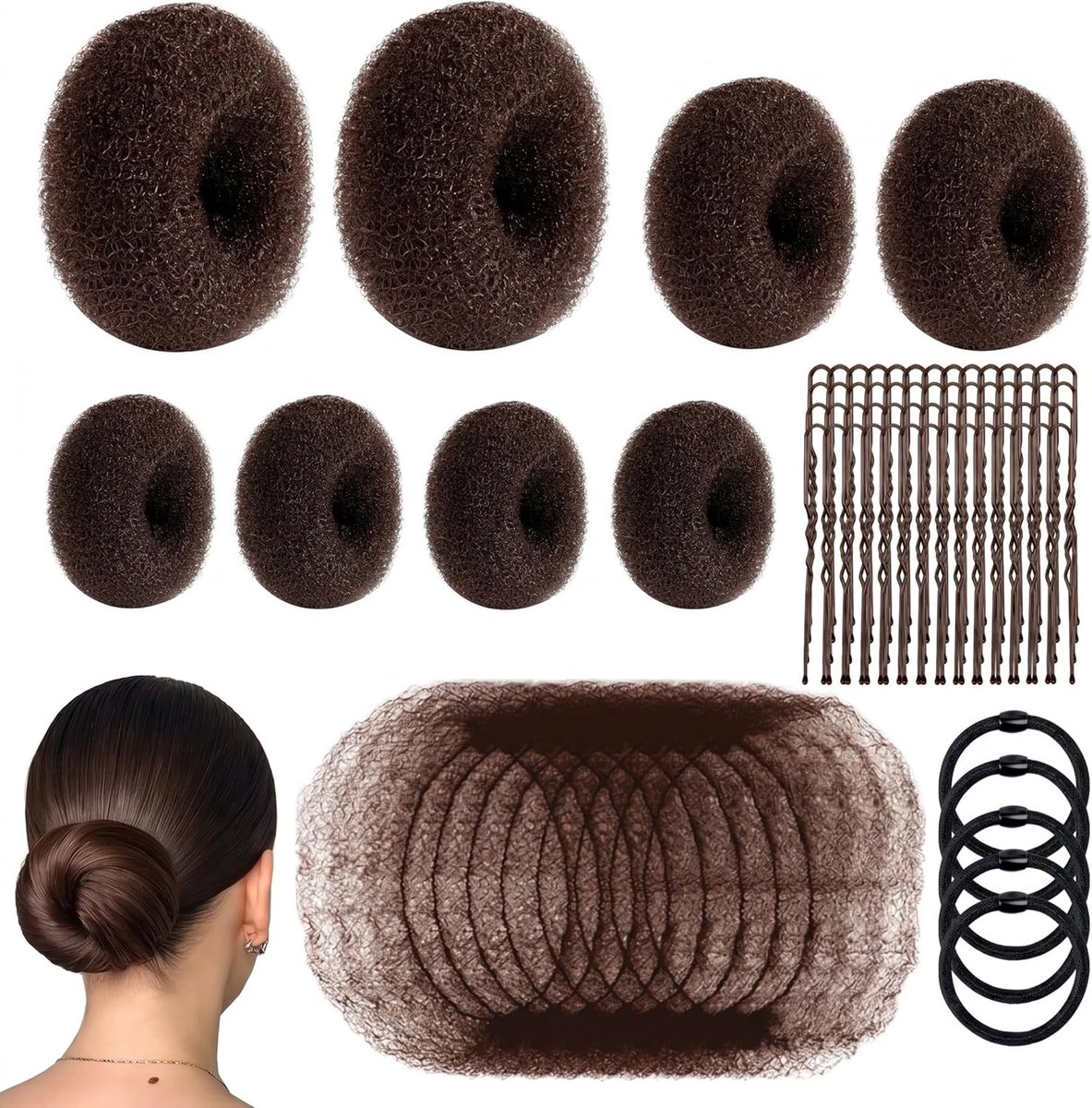 Haardonuts voor broodjes, 63-delige broodjesmakerset met haarbroodjes netten bobbyspelden en elastische banden, haardonuts voor broodjes, haaraccessoires voor meisjes, kinderen, vrouwen, balletdansers