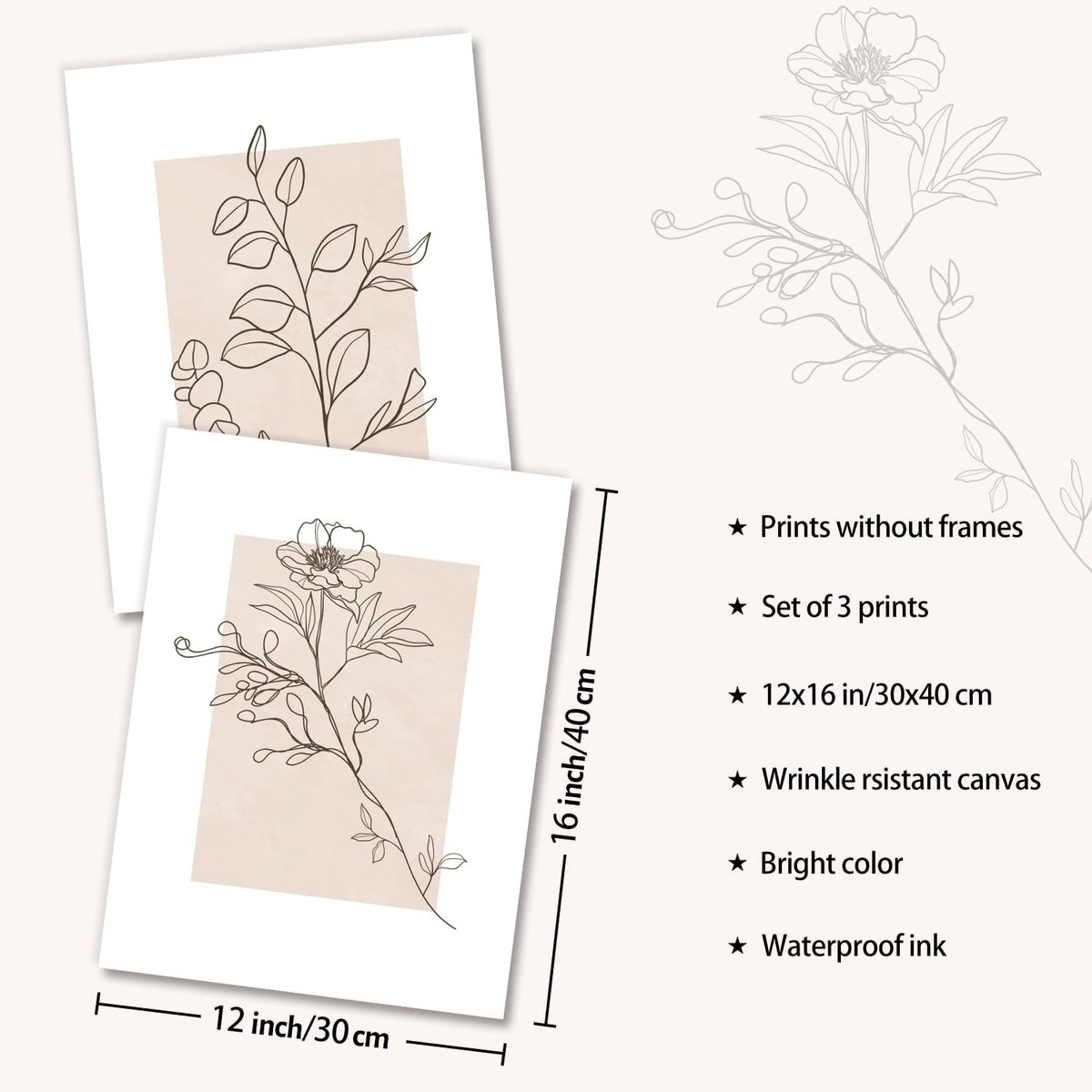 Beige Botanische Wanddecoratie Poster Abstract Minimalistische Bloem Muur Poster voor Slaapkamer Woonkamer Decor 12x16 in Niet Ingelijst Set van 3 — cadeau in Wonen & Interieur - foto 4