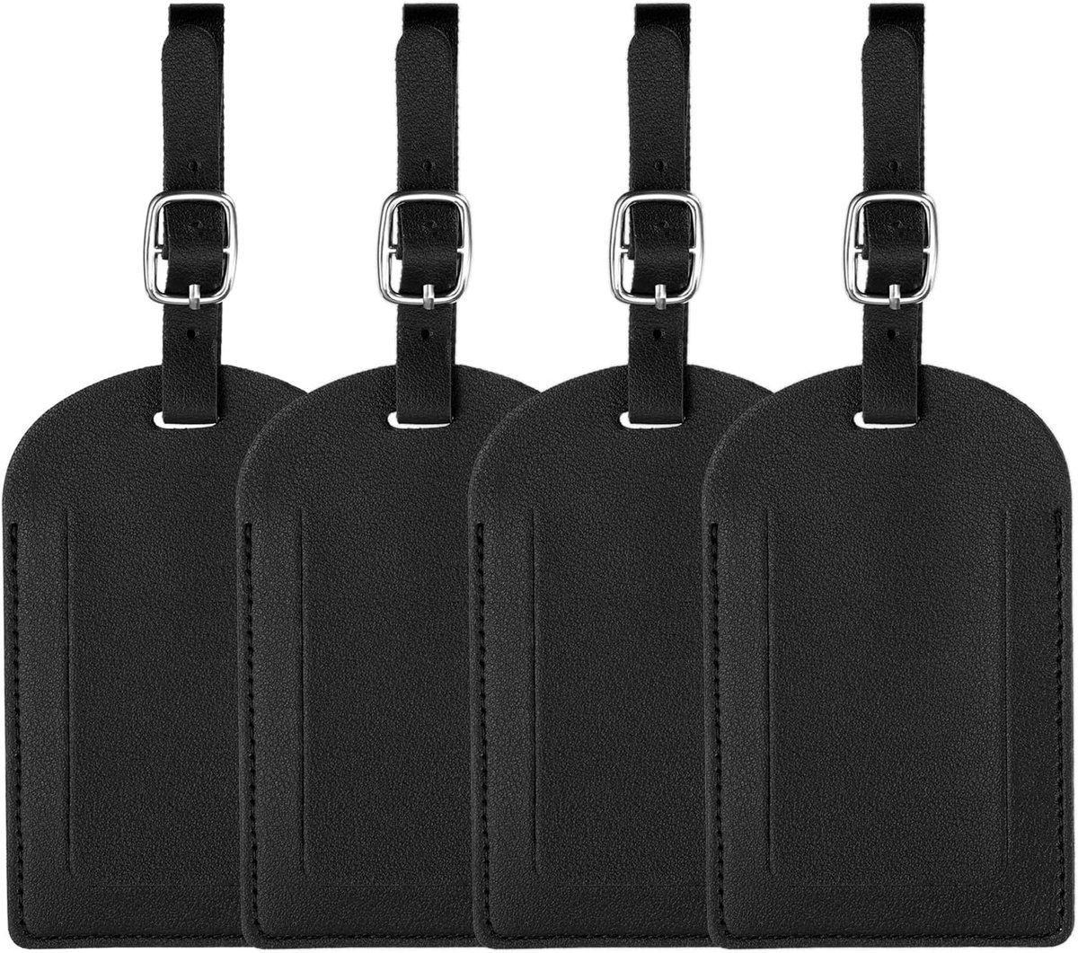 Bagagelabels, gekleurde bagagelabels, PU-lederen kofferlabel met roestvrijstalen lus, privacyhoes, naam, ID-adreskaart voor bagage, lederen tas, rugzakken, handtas, zwart