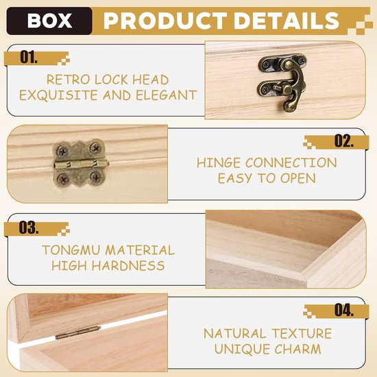 4 Stuks houten doosje met deksel - 15x10x5 cm - DIY herinneringsdoos, opbergdoos met scharnieren — afbeelding 2