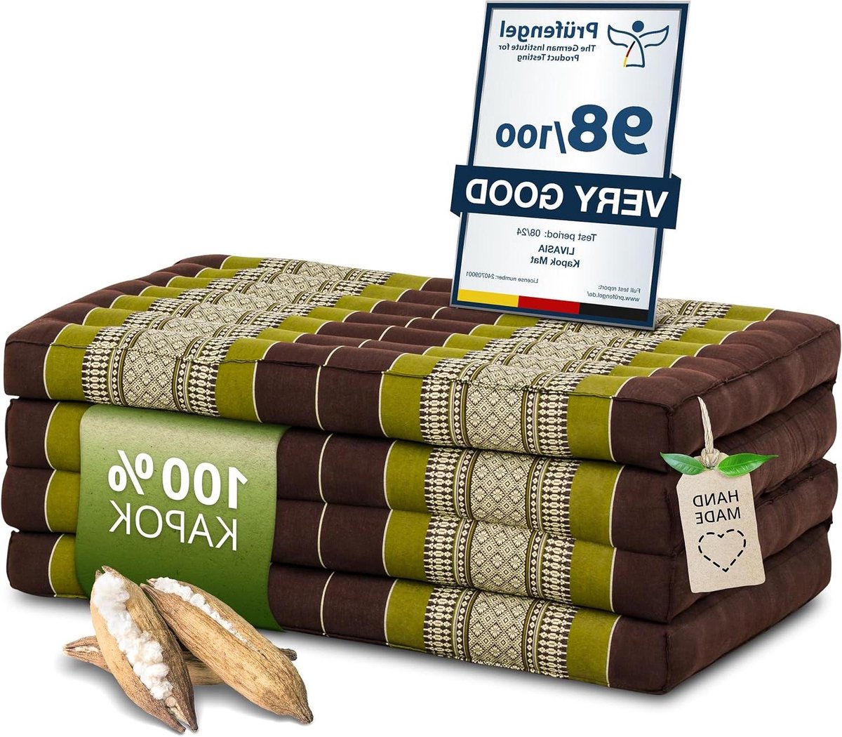 Klapmatras - Gastenmatras Plooimat - Comfortabel Ontspannen - Natuurlijke Kapokvulling - 200x80x8cm - Bruin Groen