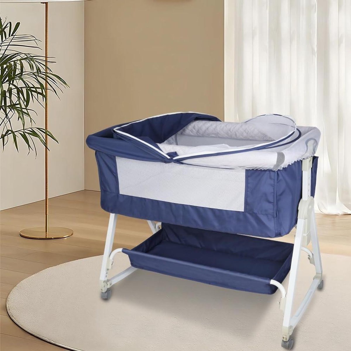 Baby bijzetbed - Aanschuifwieg reisbed - Veilig slapen - 6-voudig hoogte verstelbaar - 92x52cm - Marineblauw