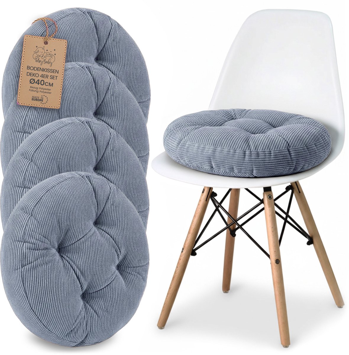 Stoelkussen Ronde Zitting 40 cm - Set van 4 Kussen voor Stoel Binnen Scandinavisch Stijl Comfortabel Zacht Wasbaar Ribfluweel voor Kantoor en Thuis Jeansblauw