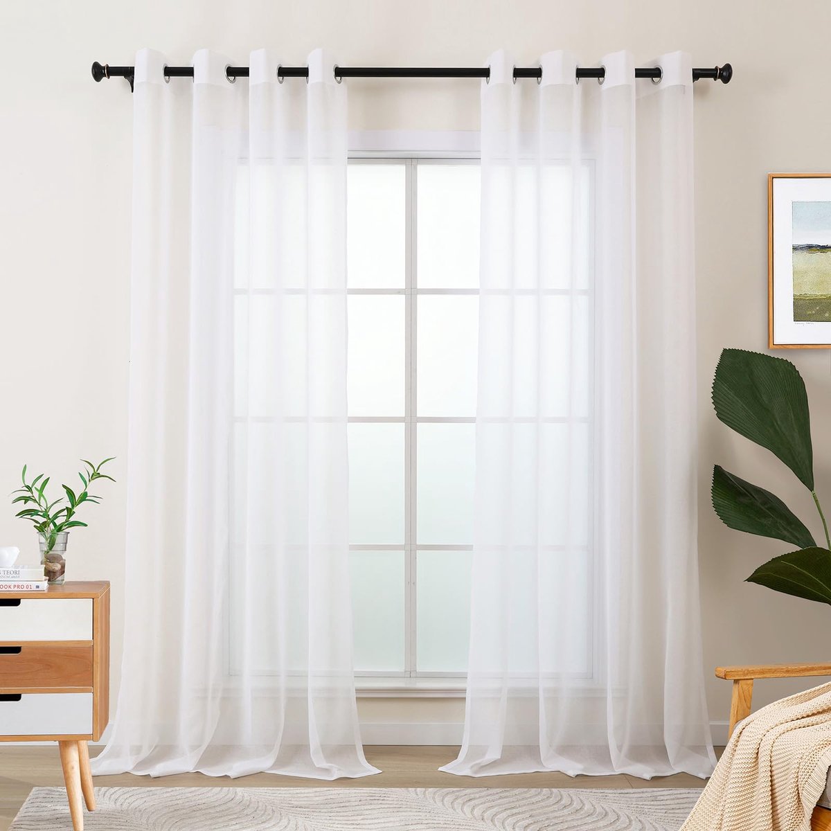 Gordijnen wit voor woonkamer, gordijnen wit met oogjes, transparant gordijn met inslagringen, gordijn voor slaapkamer raam, set van 2 linnenlook, vitrage, doorzichtig, modern, 245 cm lang