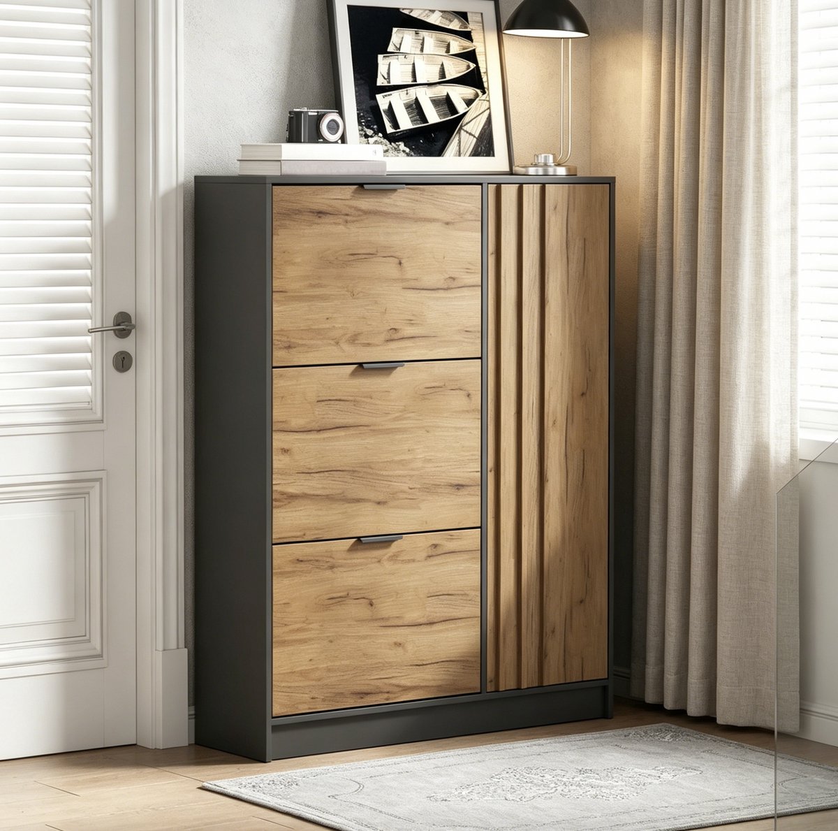 MIVRAY Schoenenkast - 3 Klepvakken En 1 Deurvak Voor Ongeveer 12 Paar Schoenen - Voor Hal En Smalle Gang - MDF - Naturel En Zwart
