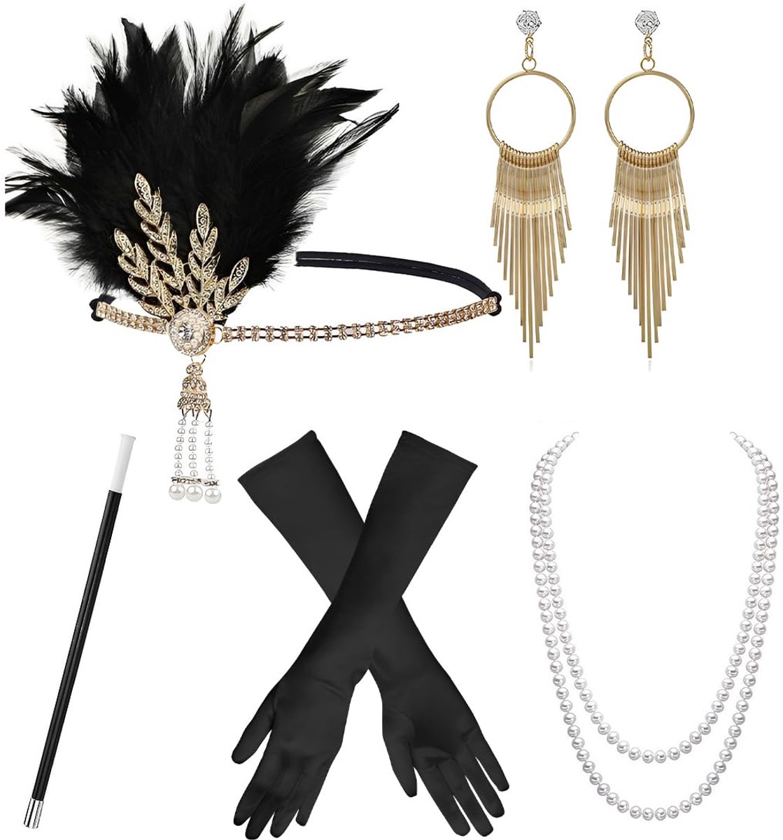 jaren 20 voor dames, verenband, oorbellen, lange handschoenen, parelketting, Gatsby-accessoires, kostuumset voor Halloween, Kerstmis, jaren 20-feest, bal