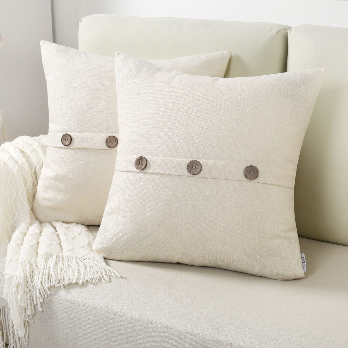 Decoratieve kussenslopen van crèmewit linnen, 50 x 50 cm, set van 2, vierkante kussensloop met vintage knoop/rits, moderne boerderij, woondecoratie voor bank, bed