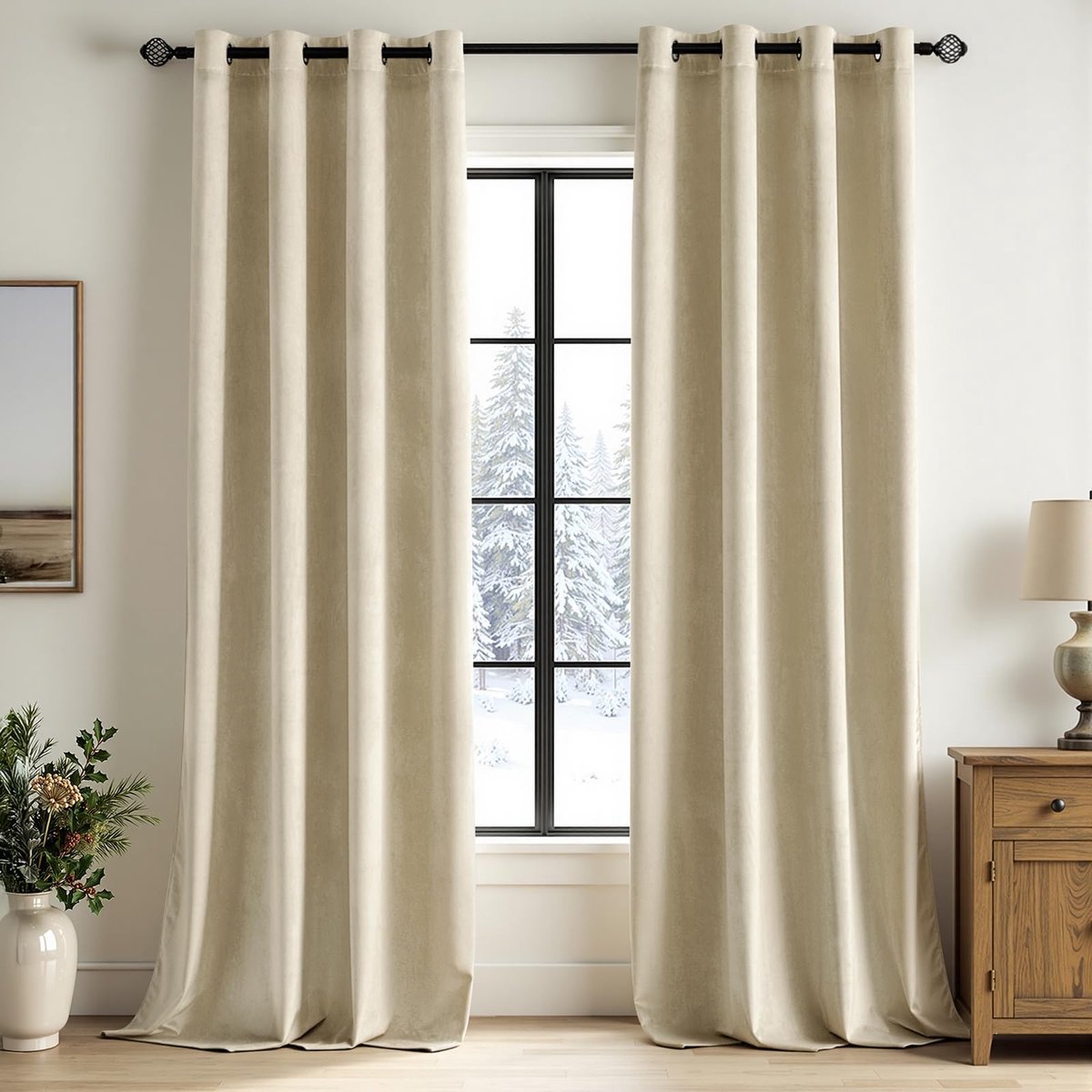 thermische verduisteringsgordijnen voor woonkamer en slaapkamer, fluweel, isolerend, warmte-/koudewerend, rekbaar, met ringen, set van 2, 140x215cm, lichtbeige