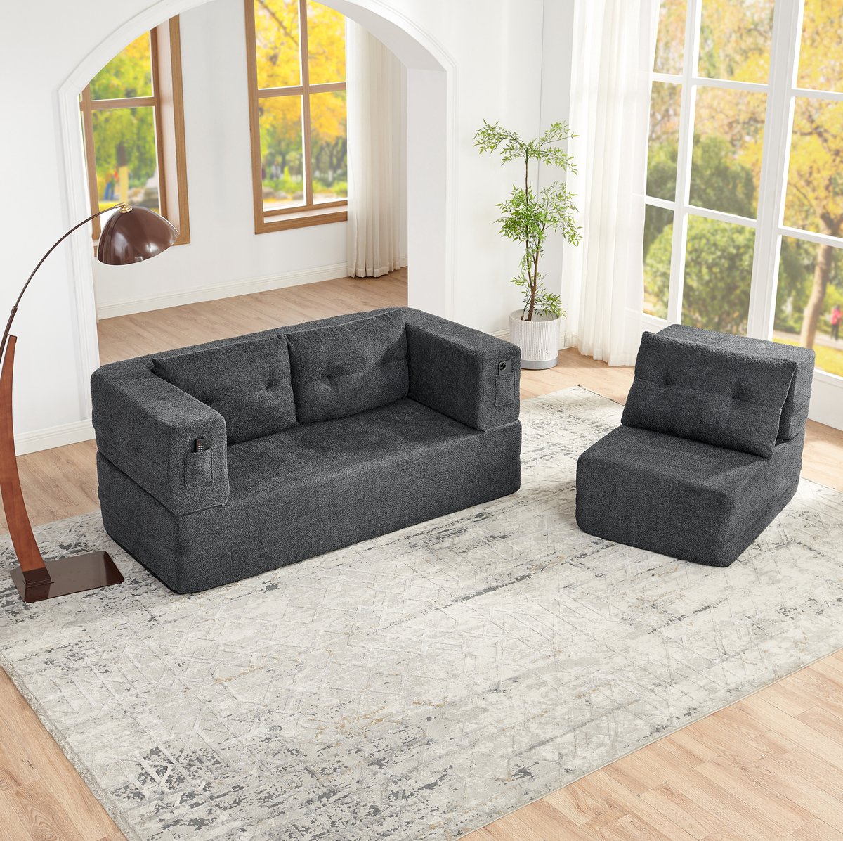 FloraGrace Set – 3-Zits Modulaire Slaapbank Met Fauteuil – Opvouwbaar Gastbed Met Zijvakken – Voor Woonkamer Of Logeerkamer – Stof – Donkergrijs