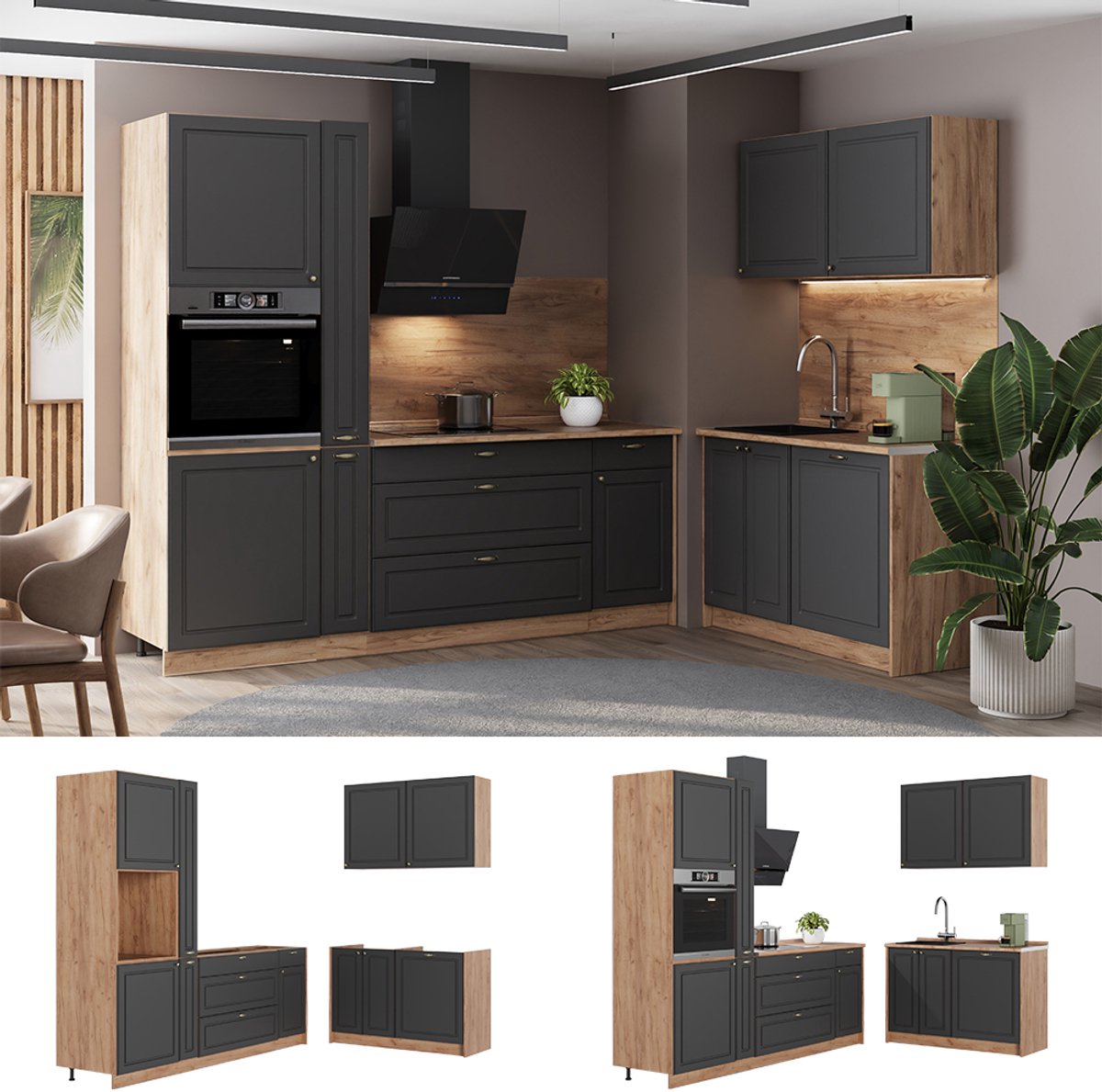Vicco Keuken Fame-Line, Anthrazit-Gold Landhaus/Goudkleurig Eiken, 220 x 120 cm zonder werkblad