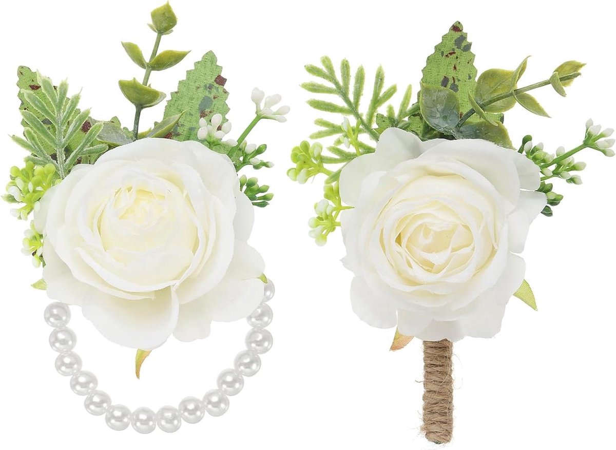 Pols Corsage Set - Bruiloft Accessoires - Feestelijke Aankleding - Realistische Stof Rozen - 12 x 8 cm - Wit