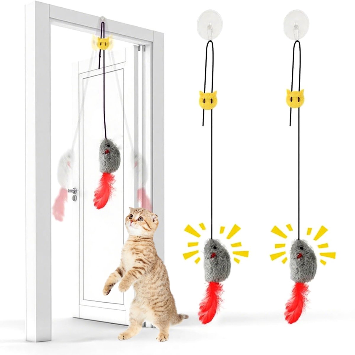 Kattenspeelgoed, 2 stuks, hangend veerspeelgoed voor deurkozijnen, piepmuis met veerstaart, werkt op batterijen, interactief speelgoed voor katten