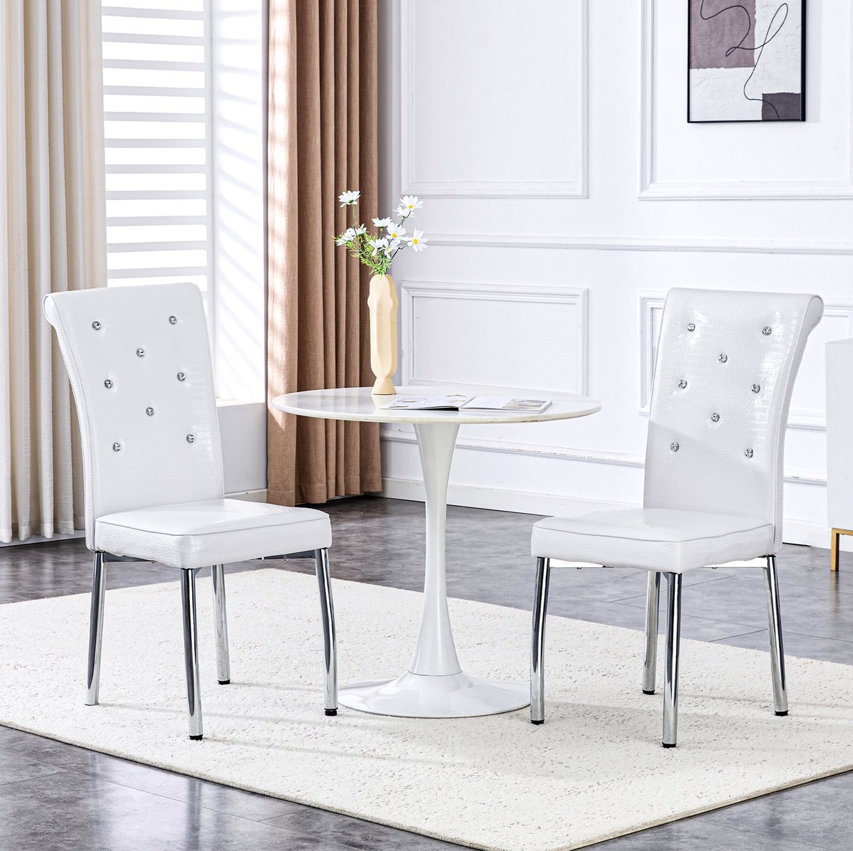 DESMIU Eetkamerstoel - Normale Eetkamerstoel - Set Van 2 - Zachte Zitting Met Kristalknoopdetails - Voor Eetkamer En Horeca - Kunstleer Metaal Wit