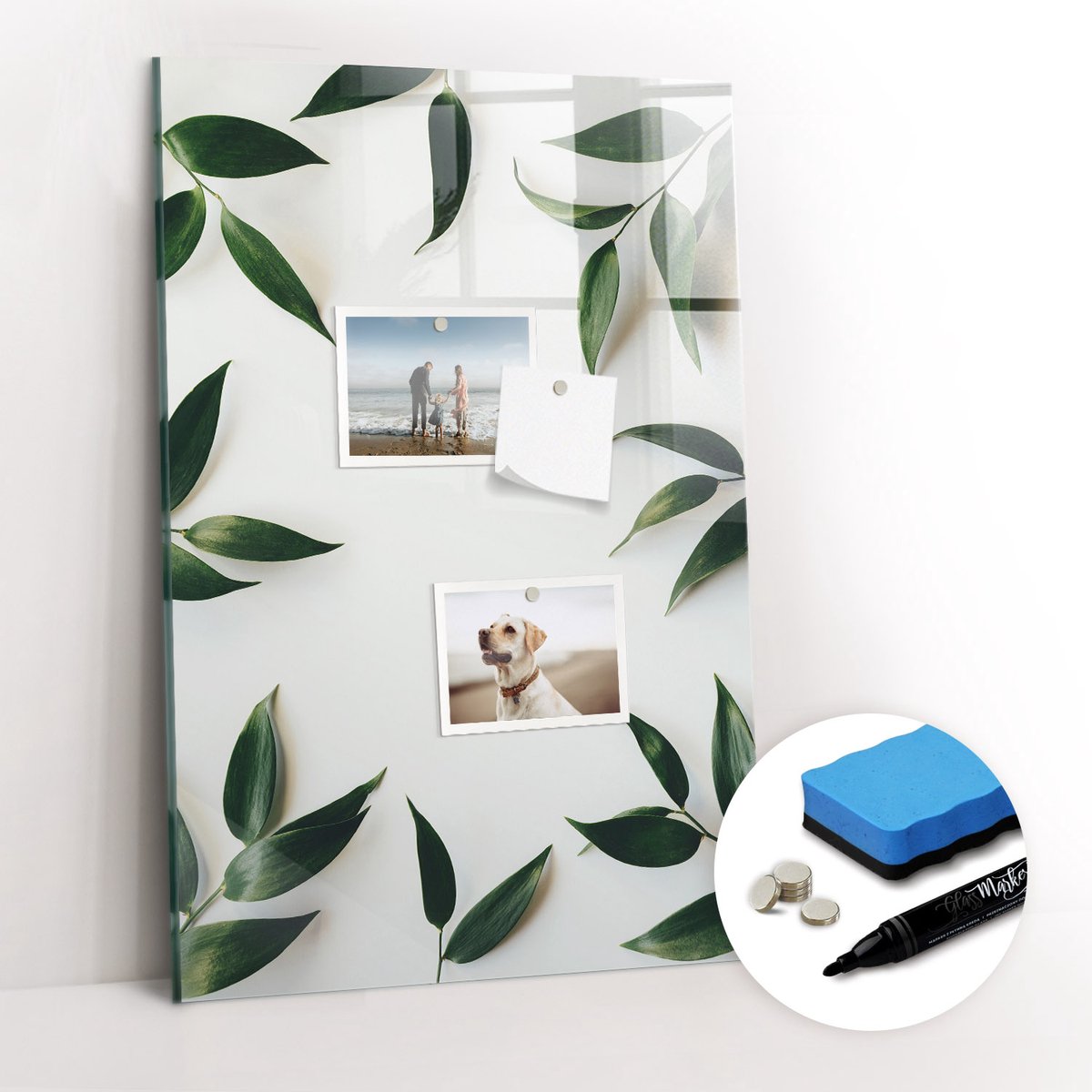 Tulup Whitebord - Groene bladeren omlijsten - 40 x 60 cm - Beige Memobord Magnetisch - Gratis 5 Sterke Magneten + Whiteboard Marker & Wisser - Scandinavisch Design Bord - Memobord Magnetisch - Notitiebord Werkplek