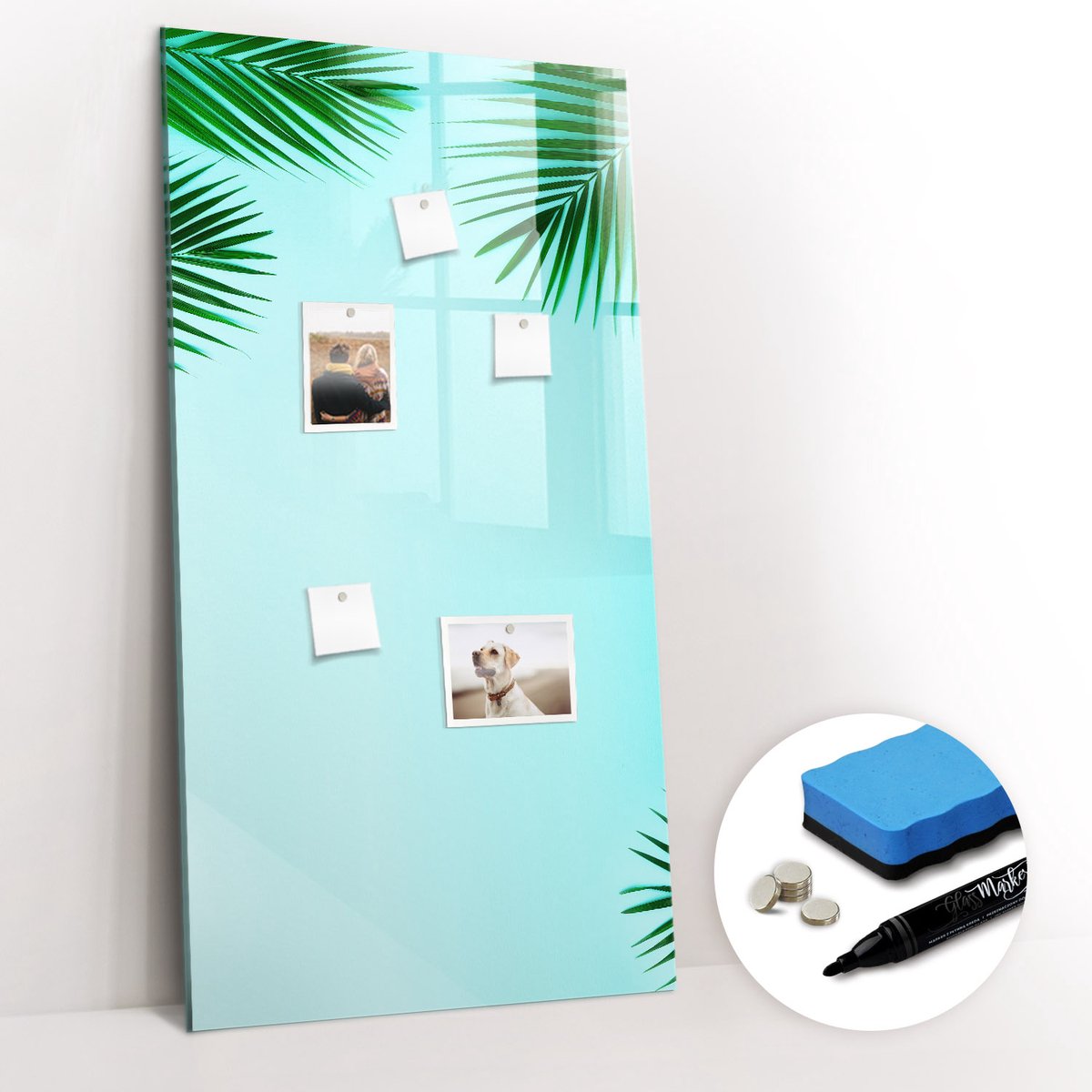 Tulup Whitebord - Palmbladeren - 60 x 120 cm - Blauw Magneetbord Rechthoekig - Gratis 5 Sterke Magneten + Whiteboard Marker & Wisser - Interieur Accessoires Kantoor - Magnetisch Memobord - Productiviteit Tools