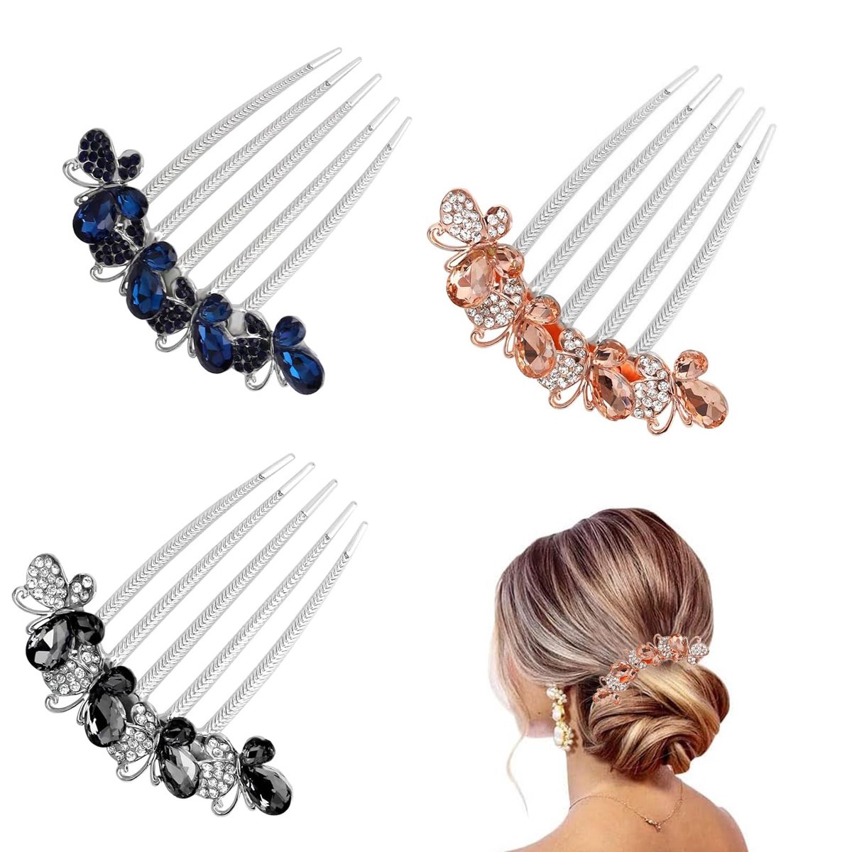 Haarkam met strassteentjes, haarsieraad, kam, 3 stuks, vlinders en bloemen, haarkam met strass, 3 kleuren, haarhaaraccessoires, zijkam voor vrouwen en meisjes