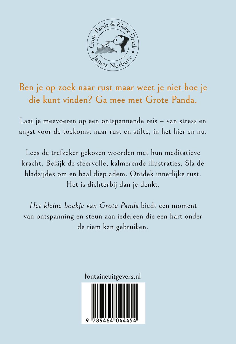 Boek "Het kleine boekje van Grote Panda" met tekst en illustraties over rust vinden. Achterkant met website en ISBN.
