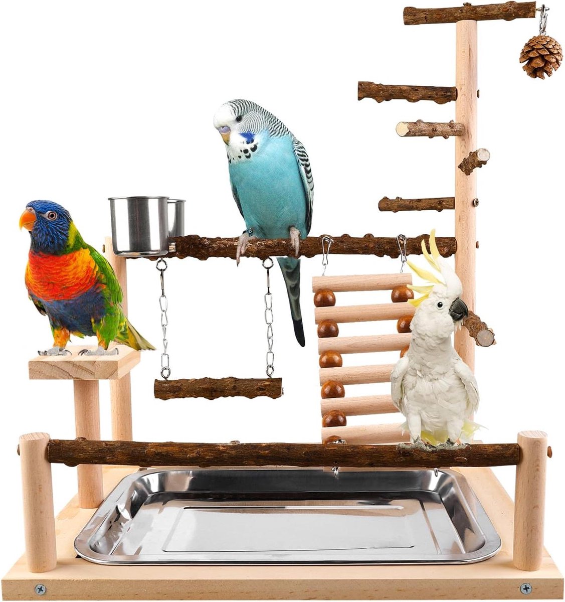 Vogels Speelplaats - Papegaai Standaard - Mentale Stimulatie - Natuurlijk Massief Hout - 45 x 37 x 26 cm - Houtkleur