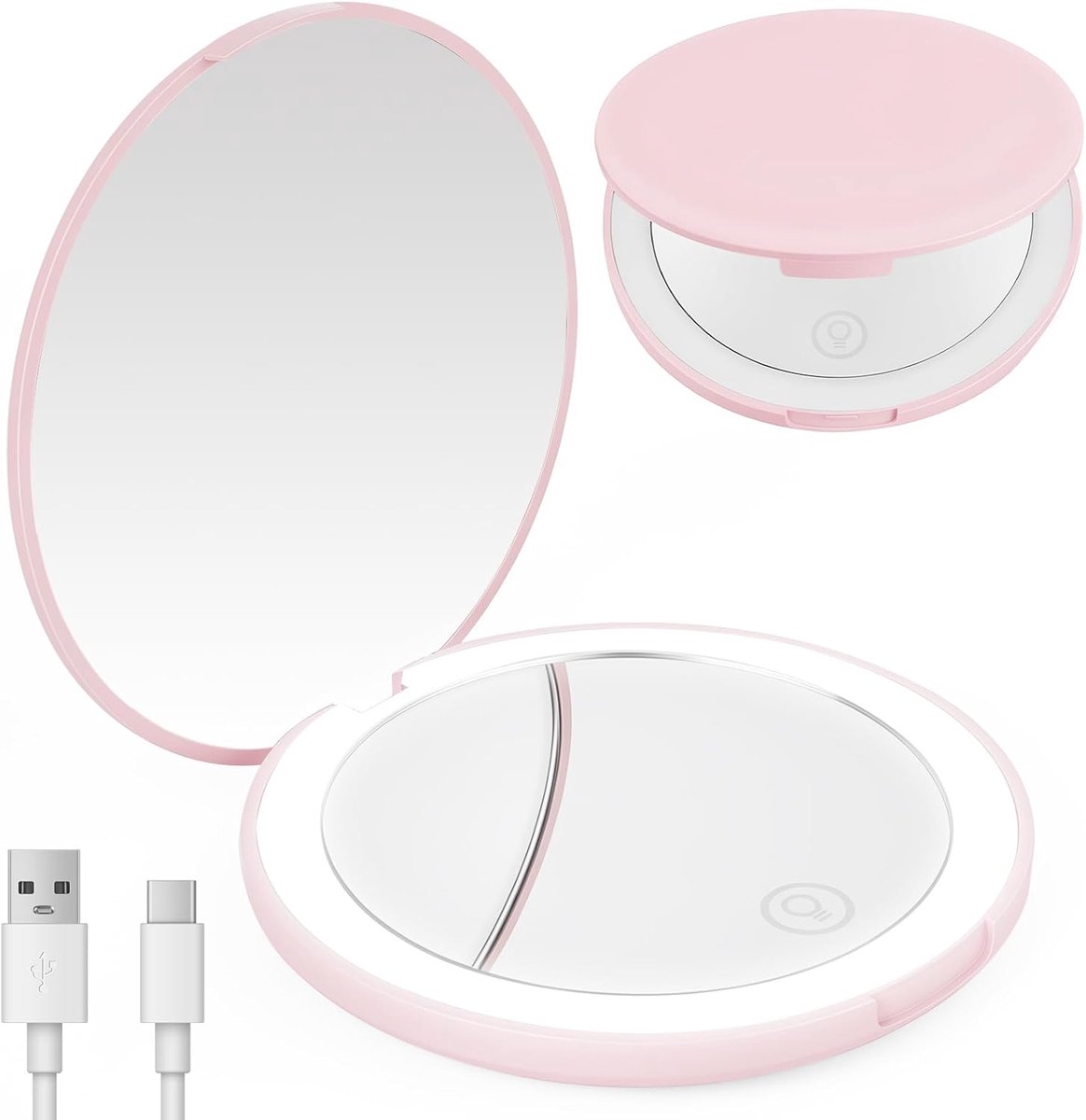 Vergrotingsspiegel 1X/10X Loep met Licht Make-up Spiegel, Roze, Kleine Handspiegel Dimbaar Handloep voor op reis, Oplaadbaar Compacte Zakspiegel voor Make-up Pincet Verwijdering van Mee-Eters