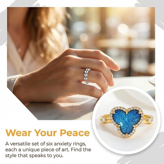 6PCS Angst Ring voor Vrouwen, Zilveren Fidget Ring voor Tienermeisjes, Verstelbare Open Spinner Ringen voor Angst Vrouwen Dochter, Verstelbare Fidget Ring voor Anti-Stress - Star Moon Finger Spinner — afbeelding 4
