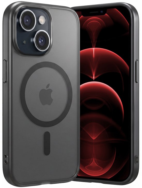 Coque MagSafe noire et translucide pour iPhone 14, avec logo Apple circulaire.