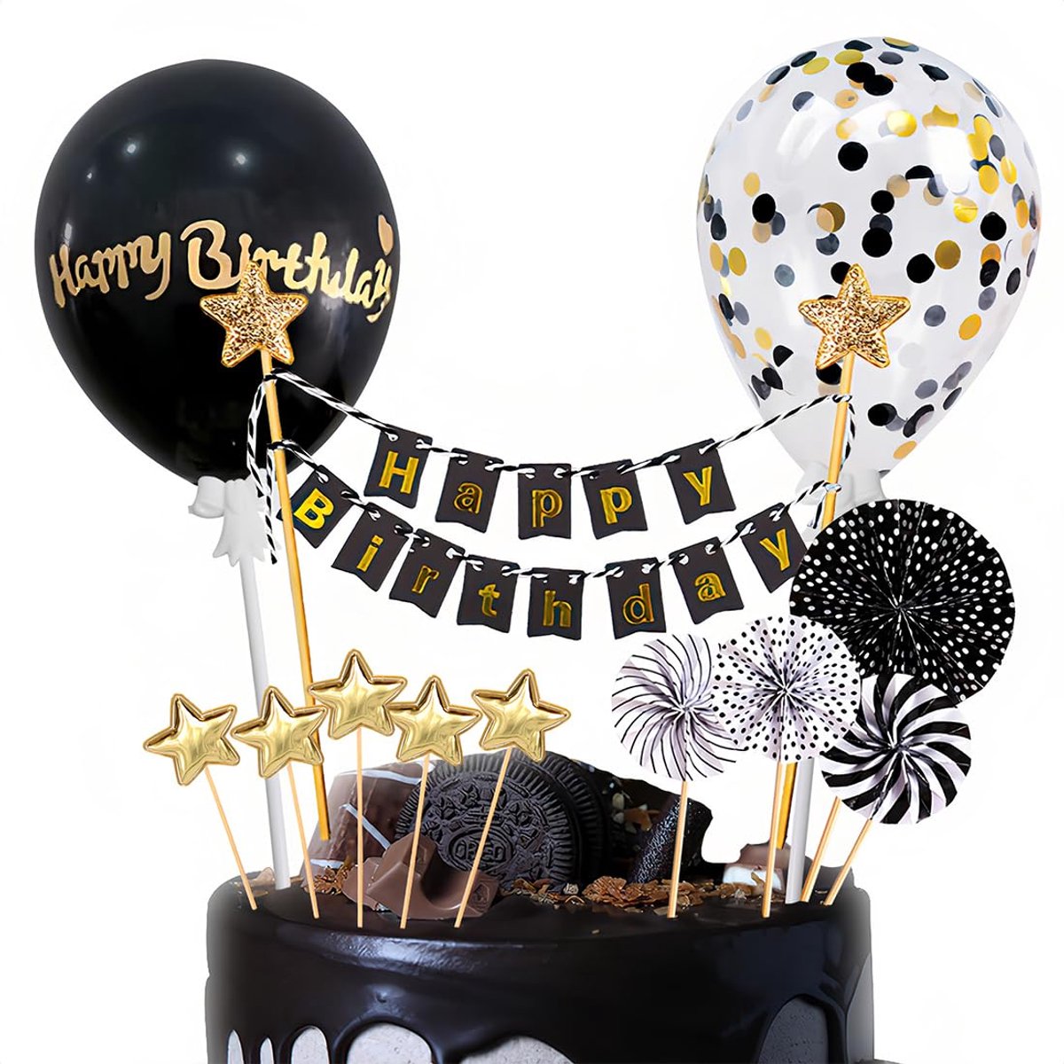 Taarttoppers, 12 stuks taartdecoratie, verjaardagskaarsen, confettiballon, sterren harttopper cake, voor bruiloft, babyshower, feestdecoraties
