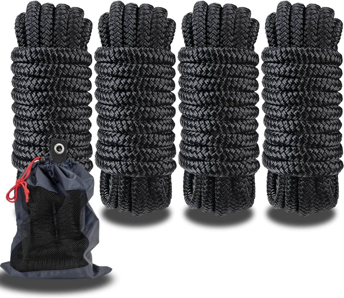 Dubbele Gevlochten Docklijnen - Boot Touw - Aanleggen Boten - Marine-Grade Nylon - 0.95 cm x 457 cm - Zwart