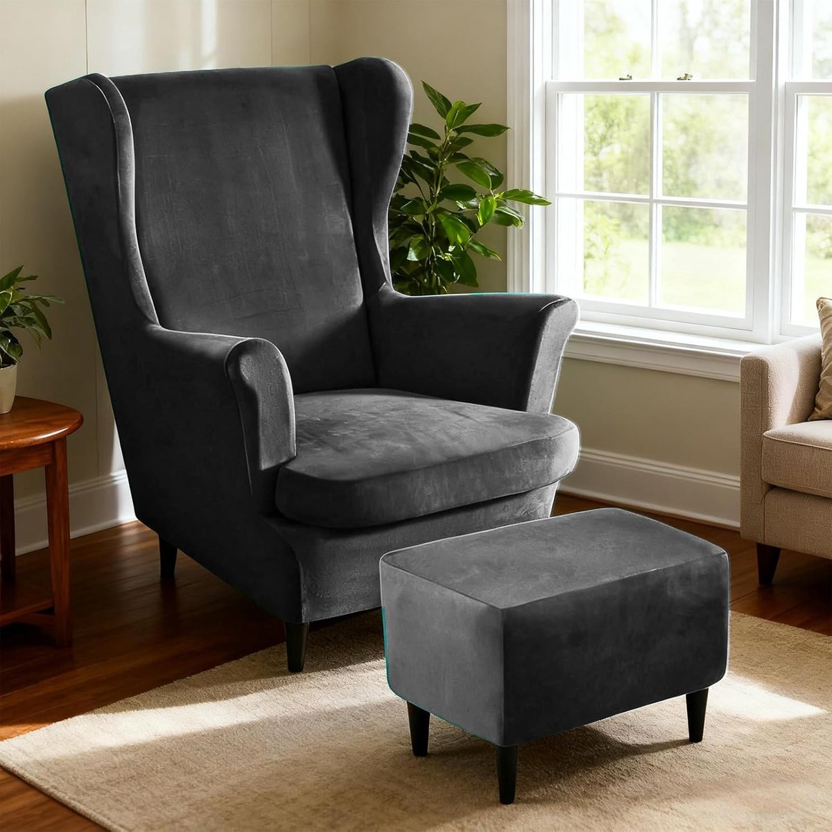Wijsenfauteuilhoes met voetensteunhoes, wasbare stoelhoes voor oorfauteuil en voetenbank, geschikt voor vele modellen, extra zacht materiaal, donkergrijs