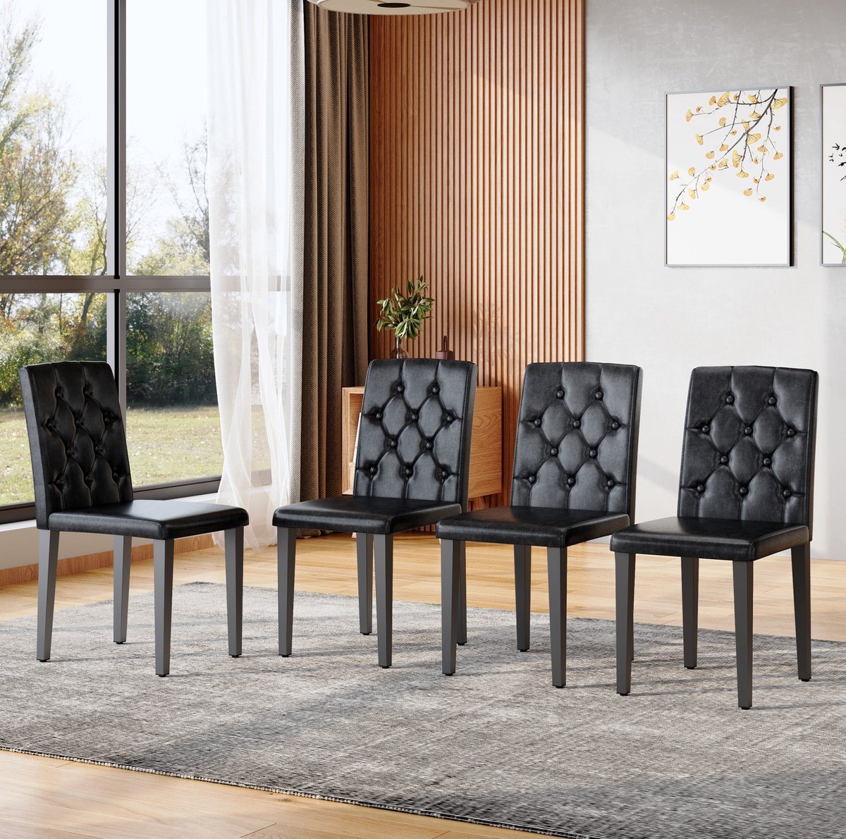 DESMIU Eetkamerstoel - Set Van 4 - 89 Cm - Gecapitonneerde Rugleuning En Zithoogte 45 Cm - Voor Eetkamer En Horeca - Metaal - Zwart