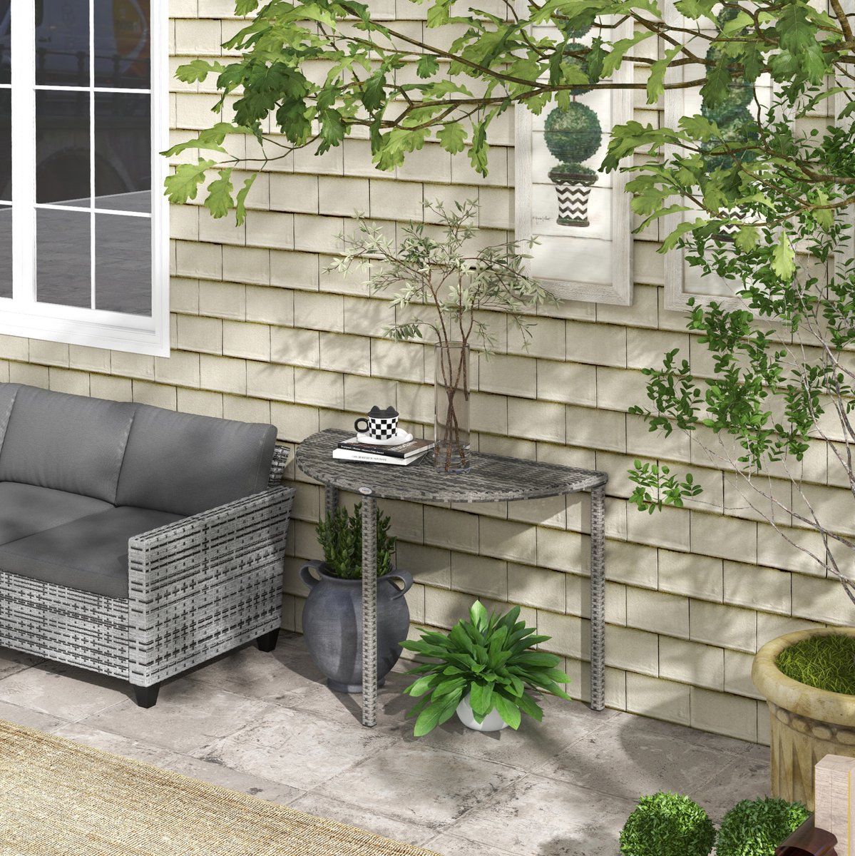 MEUNIQ halfronde balkontafel 100 x 50 x 74 cm van polyrattan en metaal, grijze buitentafel voor balkon, terras of tuin, licht te verplaatsen