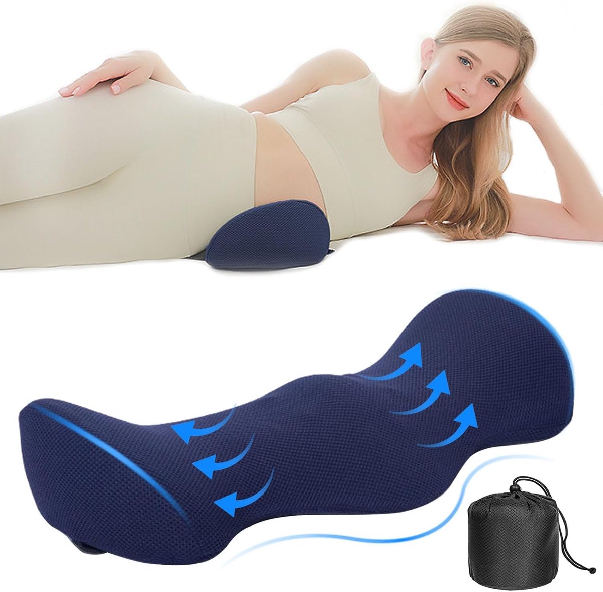 Lendenkussen om te slapen, ergonomisch bed, lendensteun van traagschuim, lendenkussen voor het verlichten van lendenkpijn, met afneembare capuchon, machinewasbaar (donkerblauw)