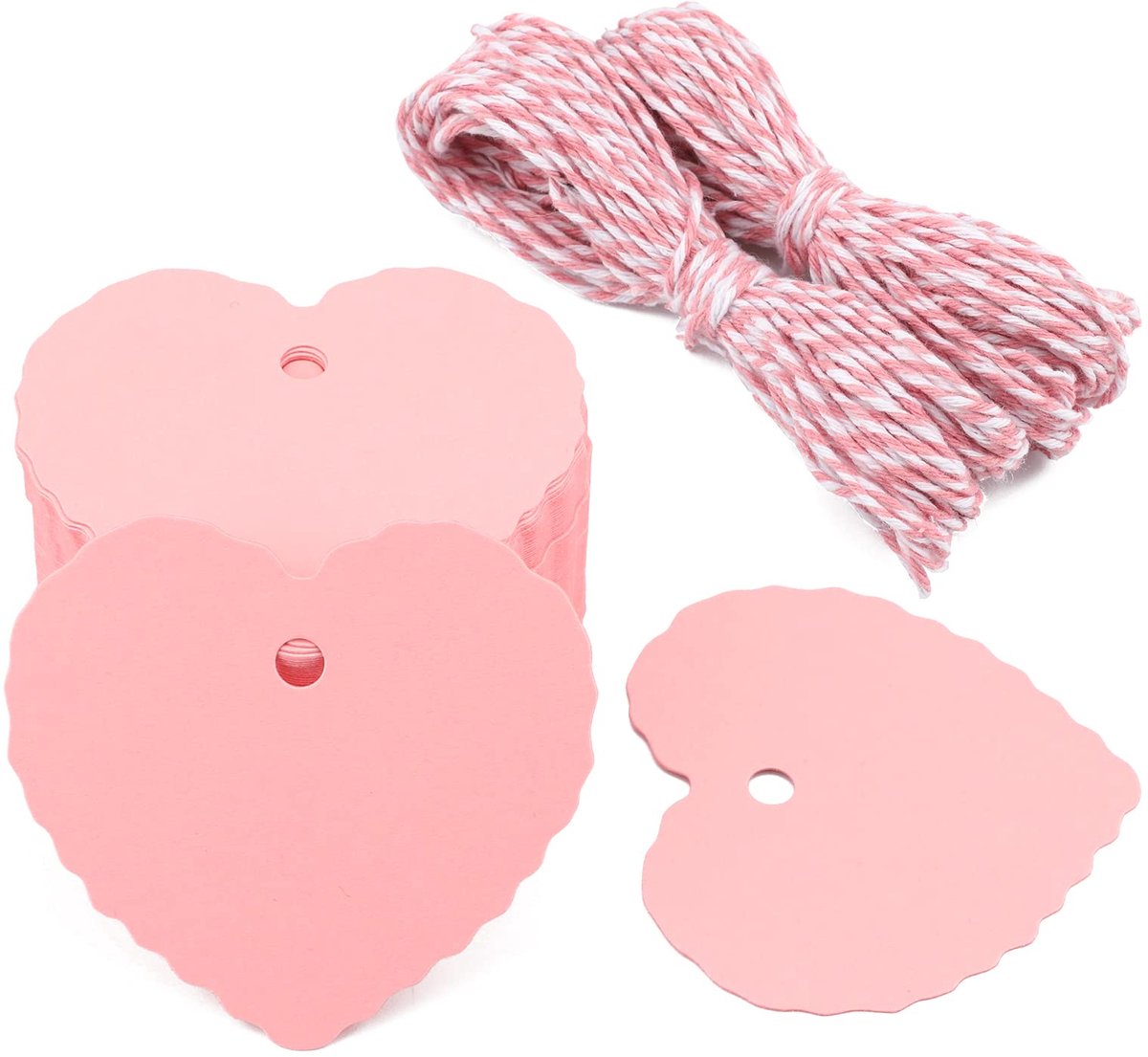 100 stuks, roze kraftpapier etiketten, hartvormige cadeauhangers, 300 g/m², met koord, voor Moederdag, Valentijnsdag, huwelijksgeschenken