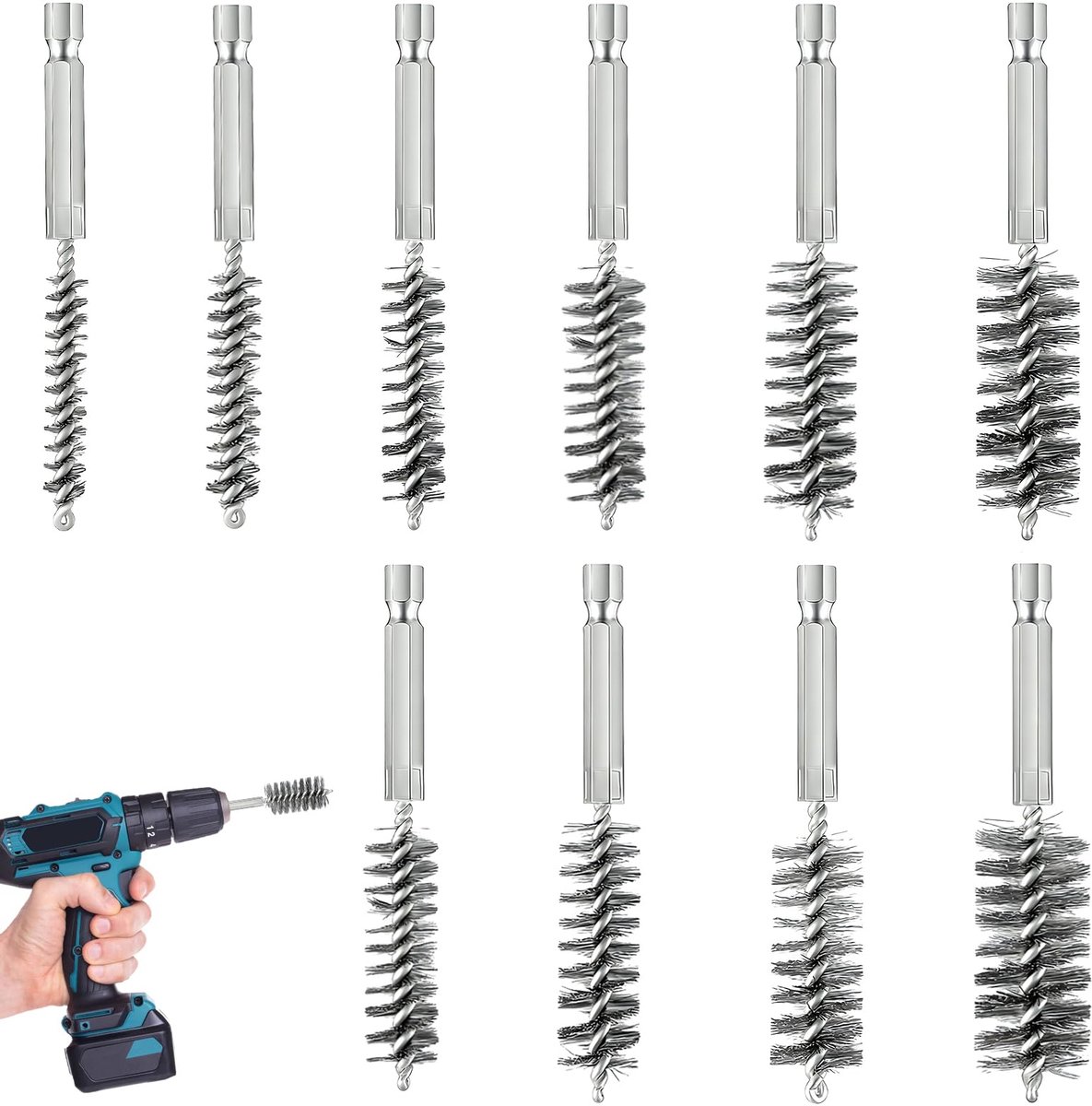 set van 10 metalen borstels voor boormachine, diameter 8-19 mm, metalen borstel, roestvrij staal, voor polijsten en ontkalken, schroevendraaier met zeskantschacht 1/4