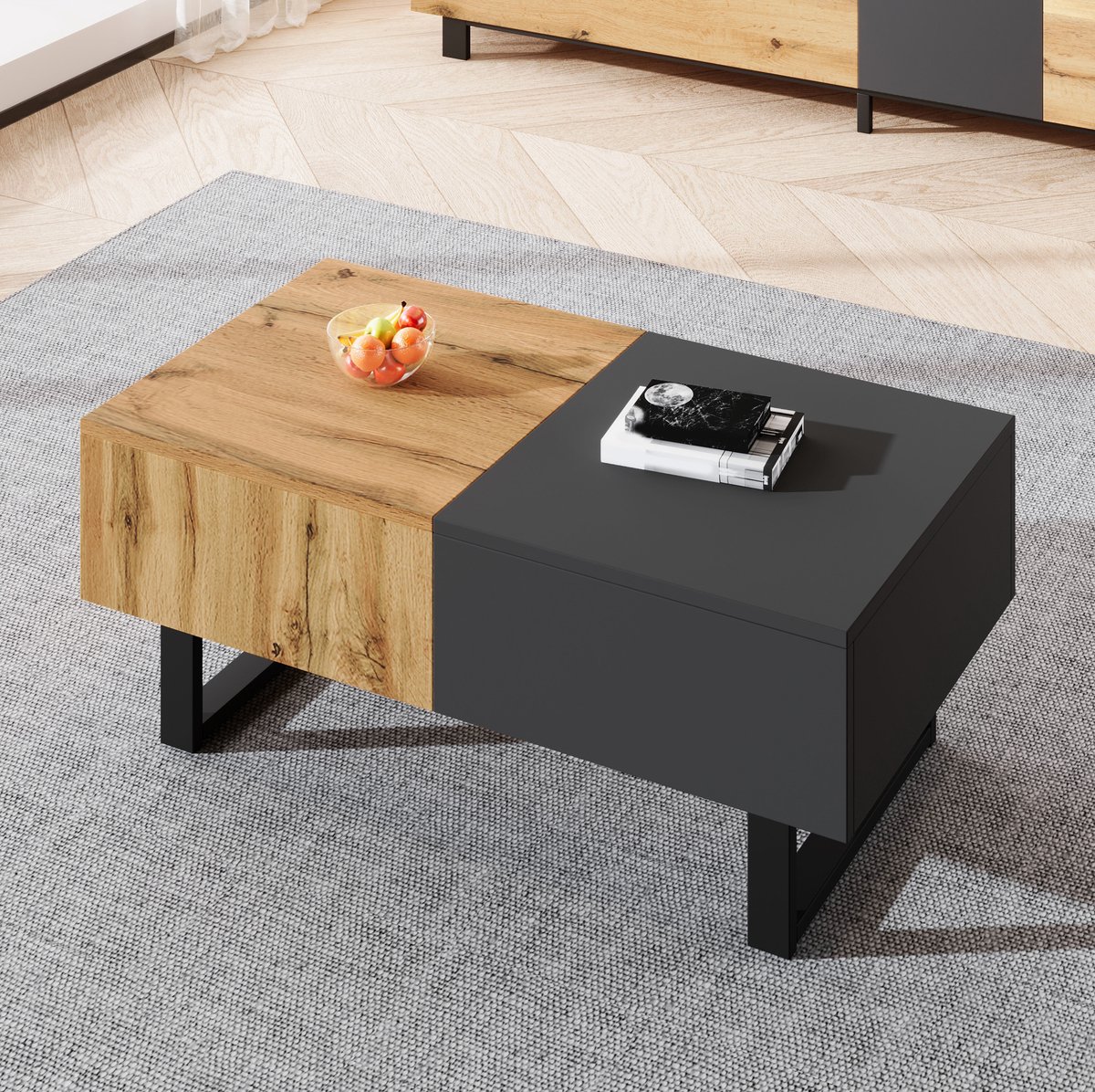 HAUSS SPOLE Salontafel - Uitschuifbaar Met Verborgen Opbergruimte - Voor Woonkamer En Kantoor - Spaanplaat En Metaal - Naturel En Antraciet - Tot 155 Cm