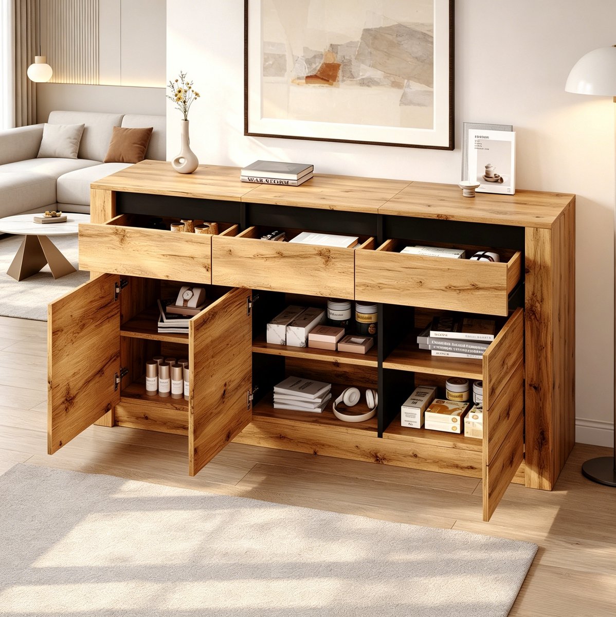 STILVORA Dressoir - Wellenfront Met 3 Laden En Verstelbare Planken - Voor Woonkamer En Hal - Spaanplaat - 135x35x70 Cm - Naturel