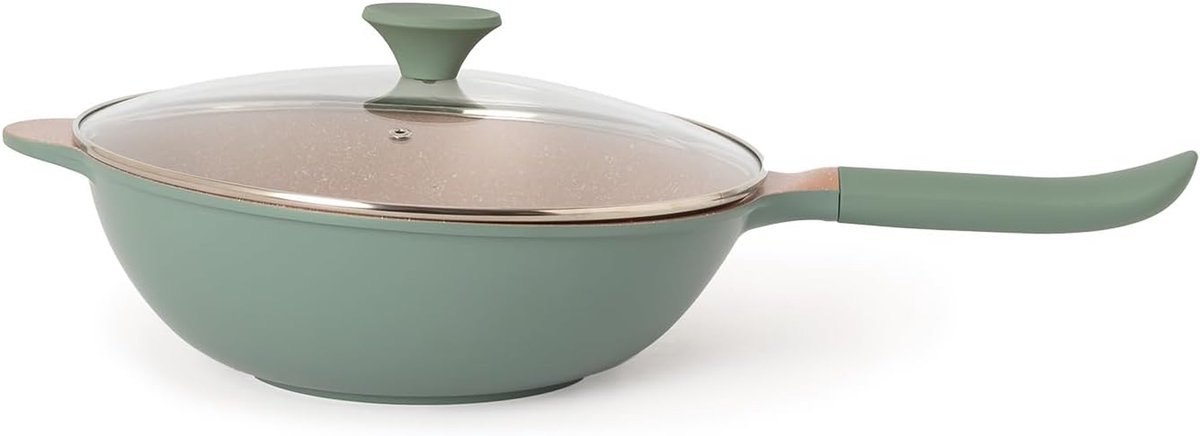 Wok Gietijzer - Koekenpan Koekepan - Roerbakken Groenten - Keramische Antiaanbaklaag - 32 cm - Groen
