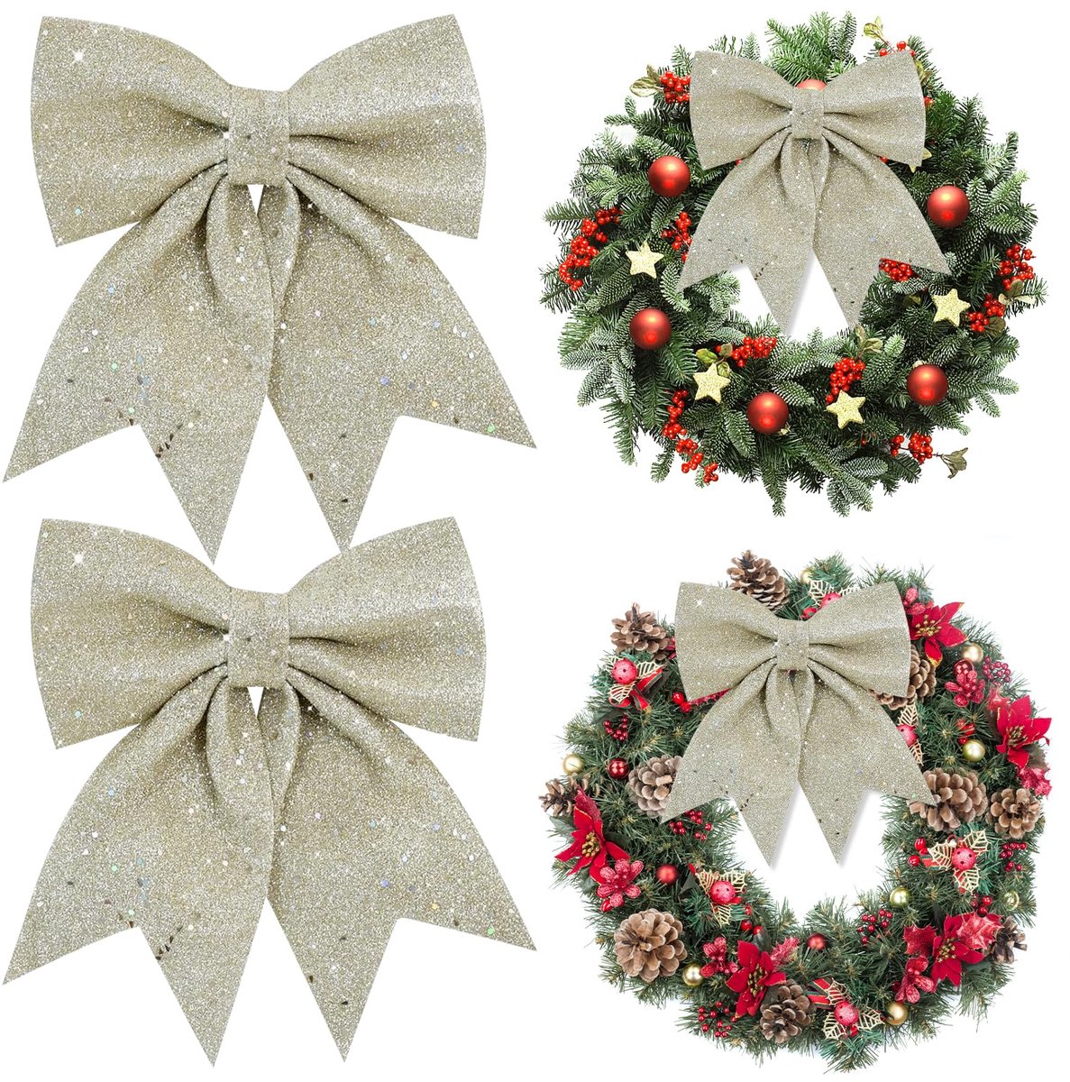 Kerstboomstrik, 2 stuks glinsterende kerststrikken, kerstversiering, kerstdecoratiestrik, kerstboompiek, voor hangende kerstboom, decoratiecadeau (champagne)