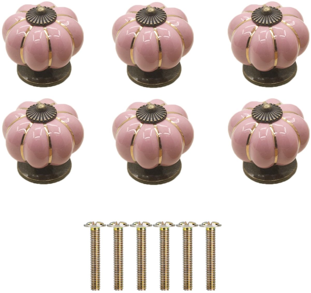6 keramische knoppen in pompoenvorm, porseleinen knoppen voor meubels, ronde handgrepen voor vintage kast met schroeven voor huis, kantoor, keukenkast, laden en kasten 4 x 4 x 4 cm (roze)