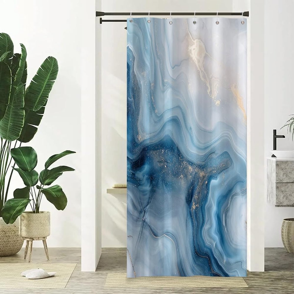 Douchegordijn blauw marmer douchegordijn modern abstract blauw goud marmer waterdicht badkamer gordijn moderne luxe kunst douchegordijn machine wasbaar waterdichte stof 90 x 180 cm