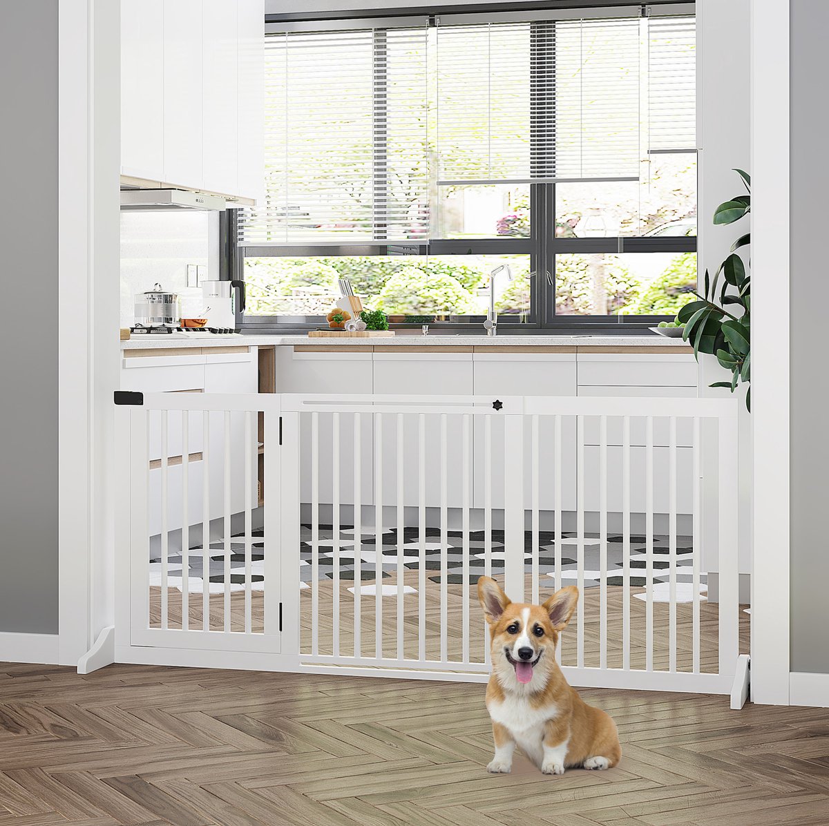 MIVRAY Hondenhek – Verstelbare Lengte 113-166 x 36 x 71 cm – Hout – Wit – Vrijstaand Veiligheidshek Met Deur En Slot Voor Huisdieren