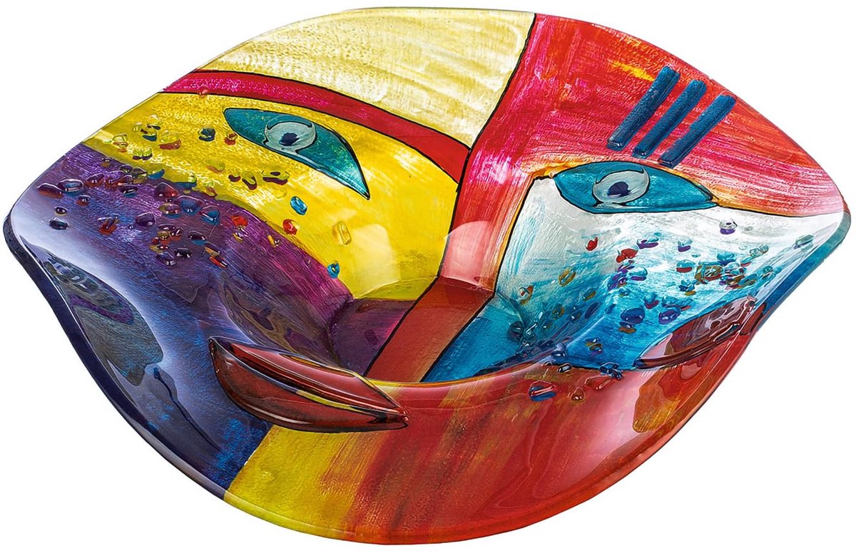 GLAS art schaal Fashion - glas - meerkleurig - gezichtsmotief - handgeschilderd - breedte 49cm - decoratieve schaal