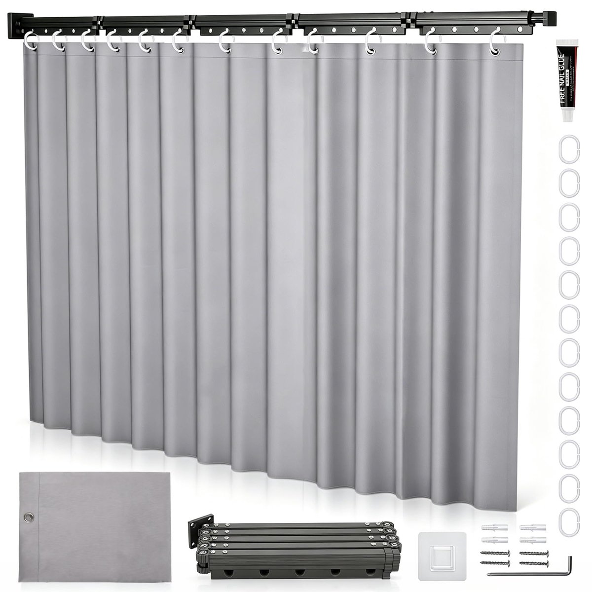 Douchegordijnstang zonder boren, 1,8 m x 2 m, opvouwbaar douchegordijn met stang, waterdicht, 4/5-voudig inklapbare douchestang, zwarte douchegordijnstang, grijs douchegordijn, 5-voudig