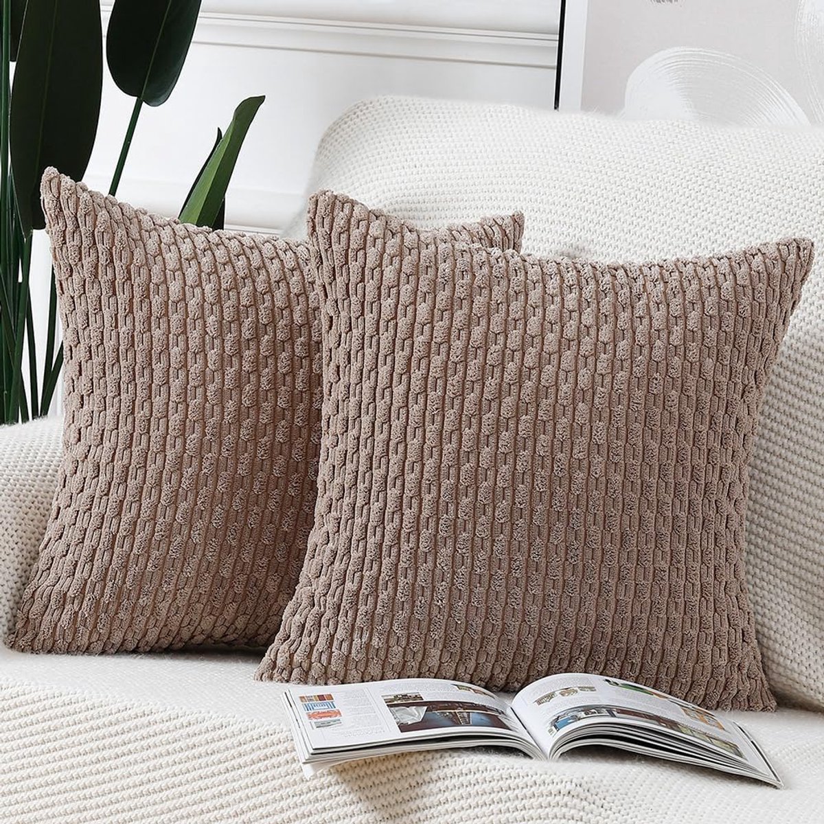 Set van 2 Corduroy Boho Kussenslopen Zacht Decoratief Kussenhoesje voor Bank Slaapkamer Kussenomslag 50x50 cm Bruin