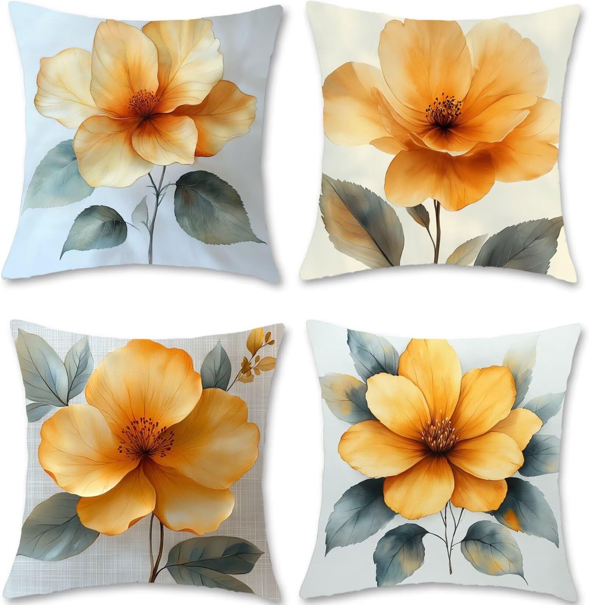 Sierkussens, 65 x 65 cm, set van 4 stuks, linnen kussens, bloemmotief, vierkant, decoratieve kussenslopen met onzichtbare rits, voor slaapbank, woonkamer, tuin