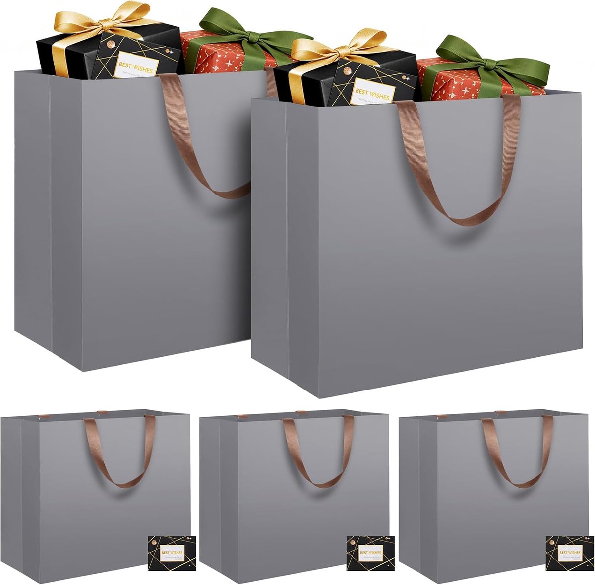 5 Stuks Grote Cadeauzakken Grijs, Luxe Cadeauzakken XL Papieren tassen 43x13x32cm met wenskaarten, Extra Grote Cadeautas voor verjaardag Feest Kerstmis Brui Valentijns, Sinterklaas surprise