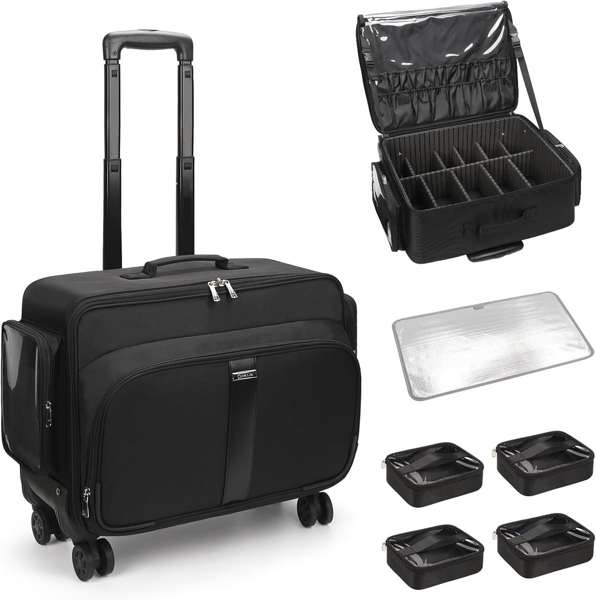 cosmeticakoffer, trolley, professionele beautycase met 4 kleine cosmeticatas, reis-make-upkoffer voor cosmetica, opslag, organizer, draagbare kapperskoffer, rolling make-up koffer, zwart, Reizen