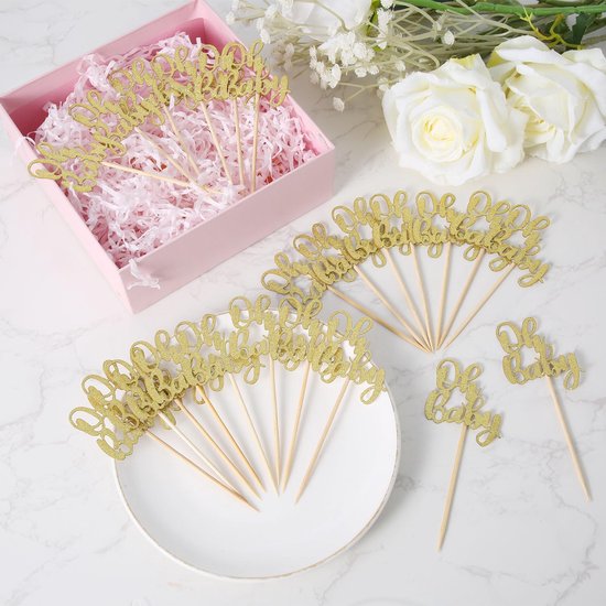 24 Stuks Oh Baby Cupcake Toppers, Glitter Cake Toppers Oh Baby Cupcake Prikkers Jongen of Meisje Thema Cupcake Toppers Baby Shower Cupcake Decoraties voor Kinderfeestjes (Goud) — afbeelding 2