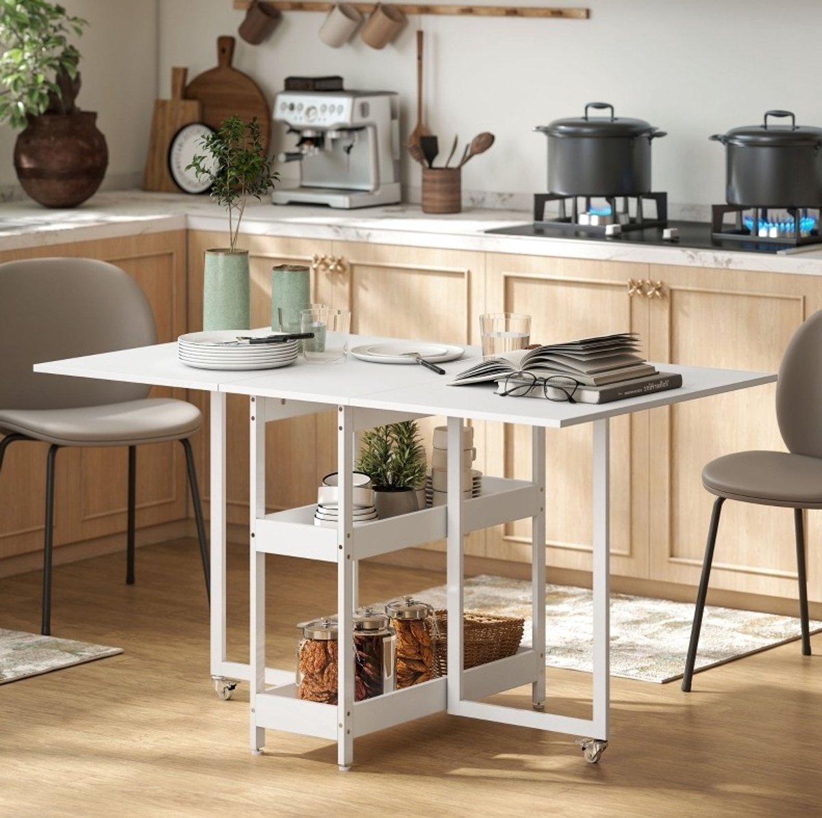 MEUNIQ Klapbare eettafel 133,4 x 80 x 75 cm met 2 open opbergvakken en wielen, uitschuifbare keukentafel voor 2-4 personen, wit