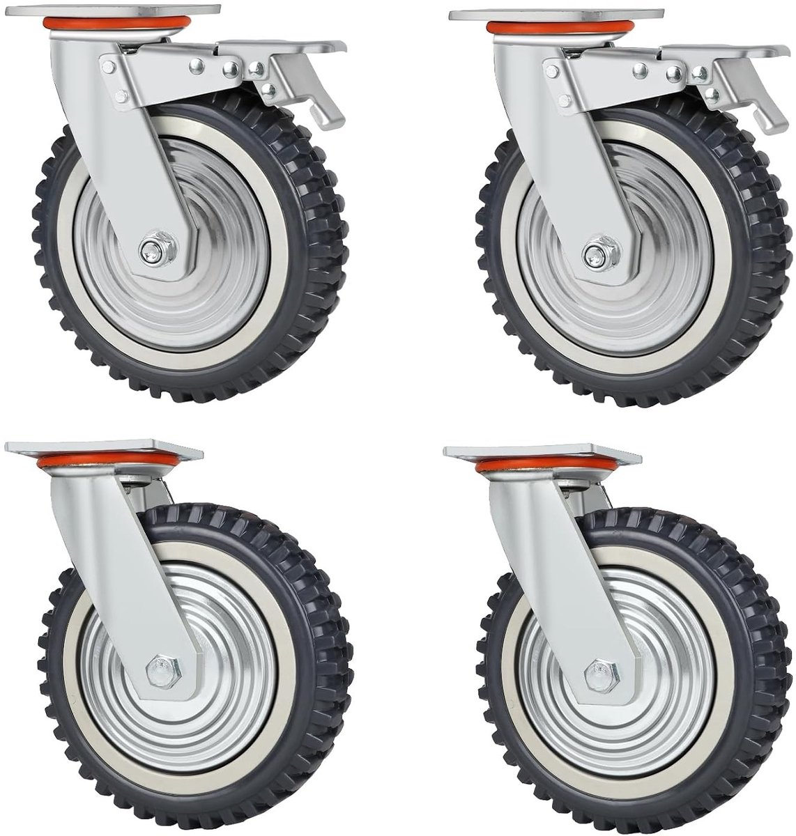 Zware Transportwielen met 200 mm Diameter, 4 Platte Wielen, 2 Zwenkwielen met Rem en 2 Vaste Wielen, 360° Rubber Wielen voor Meubels tot 2000 kg voor Lasbanken