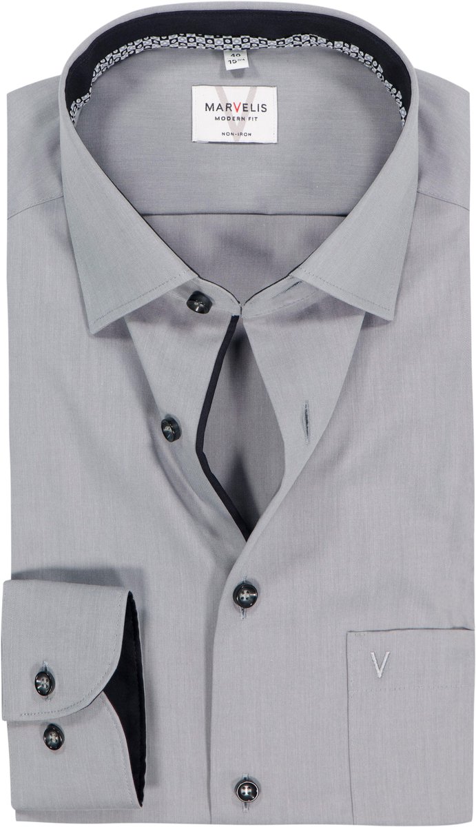 MARVELIS modern fit overhemd - mouwlengte 7 - popeline - antracietgrijs - Strijkvrij - Boordmaat: 41 (EU maat: L)